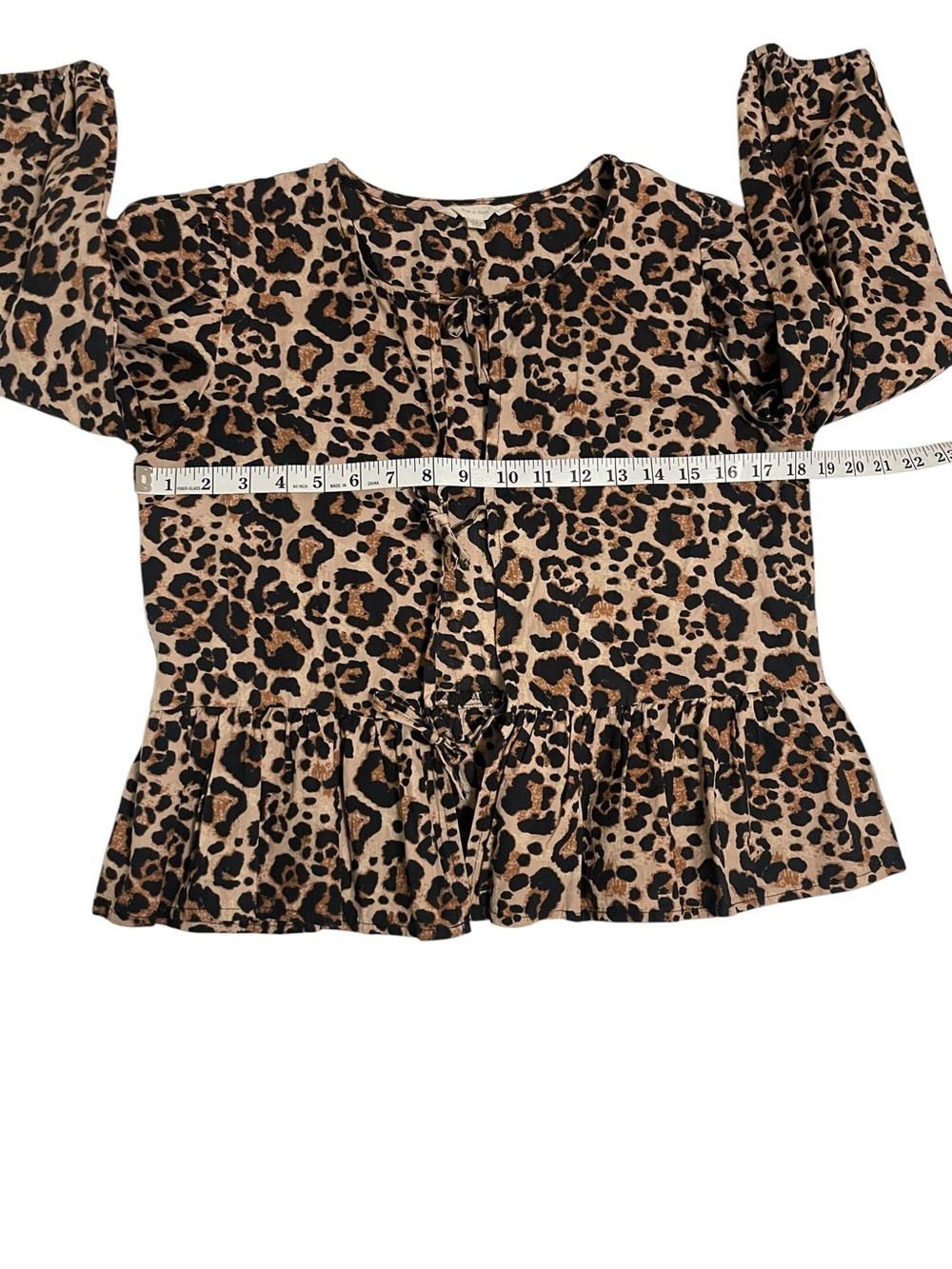 Sim & Sam Leopard Print Babydoll Peplum Tie Front Long Puff Sleeve Boho Top SZ M - Picture 12 of 16